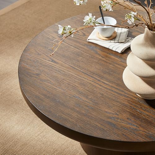 35.98" Round Coffee Table with Cylindrical Base, Modern Wood Drum Center Table, Accent Side End Table for Living Room Apartment, φ35.98"*15.98"H (Dark Brown) - color: C-35.98" Brown