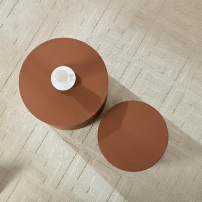 Round Nesting Coffee Table Set of 2 for Living Room, Brown | Saddle Leather Side Tables, 19 in. and 15 in. Accent and End Tables, Wood Frame, 200 lbs Capacity, Bedroom Home Office - color: 19.1" Round Brown
