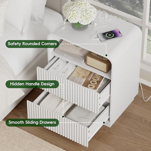 White Nightstands Set of 2 with Charging Station, Mid Century Modern End Tables & Bedside Tables, Fluted Wood Small Night Stands with 2 Hidden Drawers and Storage Shelf for Bedroom - color: White, style: 2 Drawers-2 PCS
