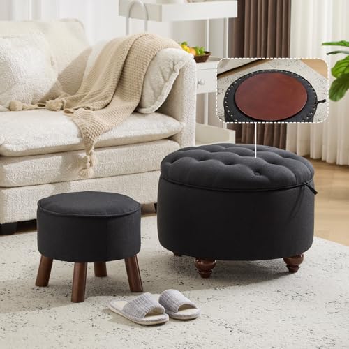 24Inch Round Storage Ottoman, Set of 2, Modern Button Tufted Coffee Table with Removable Top, Upholstered Ottoman with Storage Footrest Stool for Living Room, Bedroom (Dark Grey) - color: Dark Grey