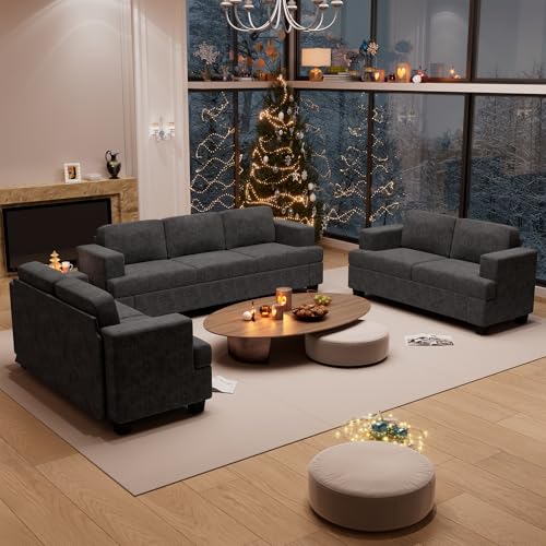 YOUDENOVA Sofa Couch, 3 Piece Set Comfy Sofa, 2 Loveseat & 3 Seater Sofa with Deep Seats for Living Room, Modern Sleeper Couch, Dark Grey Chenille - color: Dark Grey Chenille, size: 3-Seater + Loveseat*2