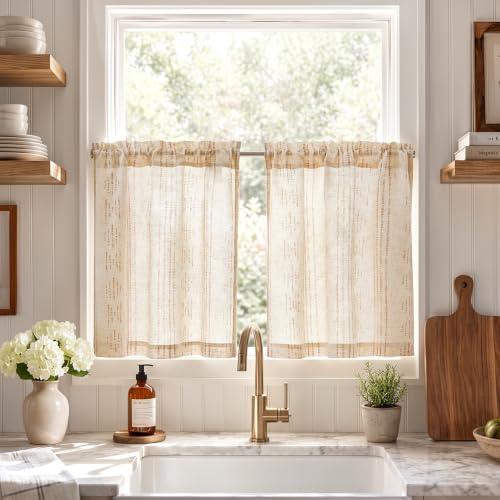 jinchan Boho Kitchen Curtains Linen Tier Curtains 24 Inches Bohemian Cafe Small Drapes Striped Mudcloth Farmhouse for Bathroom RV Camper Light Filtering Rod Pocket 2 Panels Taupe on Beige - color: Boho Taupe on Beige, size: 26"W x 24"L (Pack of 2)