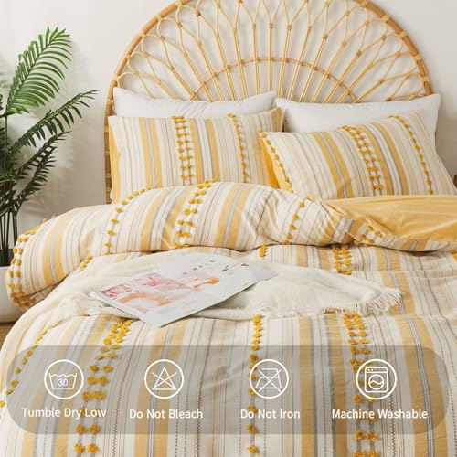 Washed Cotton Full Size Duvet Cover Set - Tufted Dots Boho Chic Bedding for All Seasons, Striped Bohemain Bedding Linen Like Textured Breathable Durable Soft Comfy (Yellow, 89''x90'') - color: Yellow, size: Full