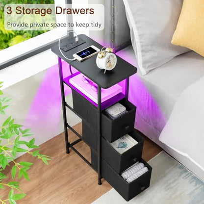 Narrow End Table with Charging Station, Small Nightstand | Skinny Side Tables Living Room with 3 Fabric Drawers, Bedside Table with LED Lights for Bedroom, Small Spaces, Black - color: Black, size: 27.55''H (3 Drawers), style: Power + Light