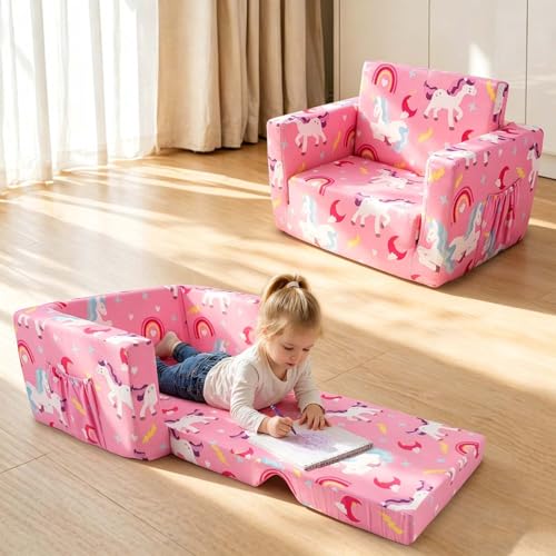 Kids Couch, 2-in-1 Kids Fold Out Couch | Convertible Sofa to Lounger for Girls and Boys, Soft Toddler Chairs Comfy 1-3 Years Old, Light Pink - color: Light Pink Unicorn