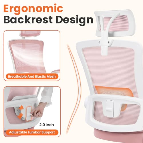 NEO CHAIR Office Desk Chair with Ergonomic High Back Mesh Headrest, Pink | Adjustable Headrest and Lumbar Support with Flip-Up Armrests Designed for Extended Sitting Comfort While Saving Space - color: Pink