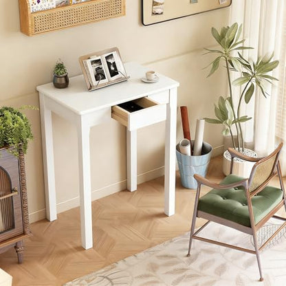 Solid Wood Desk with Drawers - 24 x 16 Inch Simple Narrow Desks, Rubber Wood Study Table, Small Writing Desk for Small Spaces|Bedroom - Modern White Desks - color: White, size: 23.6 in W x 15.7 in D
