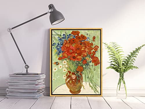 Wieco Art Framed Wall Art of Red Poppies and Daisies by Vincent Van Gogh Paintings Reproduction Abstract Canvas Prints for Home Living Room Decorations Bronze Gold Frame - size: 16"L x 12"W