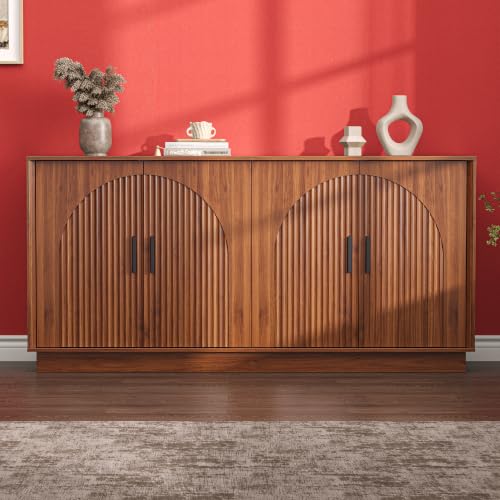 Buffet Cabinet with Storage, 65" W Fluted Sideboard Buffet Cabinet with Adjustable Shelves, Single-Box Modern Wood Credenza Accent Storage Cabinet for Dining Room Living Room Hallway, Walnut - color: Walnut, size: 65'' WIDE