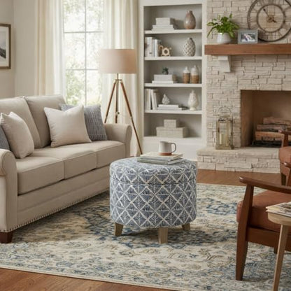 HomePop 19" Round Storage Ottoman with Flared Legs - Navy Blue Geometric - color: Sea Salt Blue