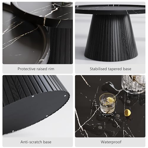 win2win Nesting Coffee Table Set of 2 with Marble Veneer, Black | Modern Round Tea Table and End Table Set, Minimalist Wood Center Tables for Living Room, Office, Fluted Design