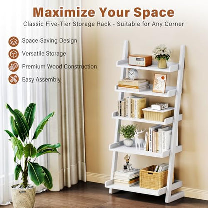 CozyDH Wooden Ladder Shelf, White Ladder Bookshelf Narrow 5-Tier,Ladder Shelf Bookcase Storage for Living Room, Bedroom, Home Office,23.6''Dx15.7''Wx55.1''H - color: White