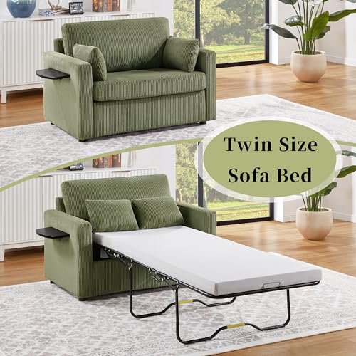 Twin Sofa Bed 47.2" Sleeper Loveseat with USB Ports, Green | Space-saving guest room furniture, compact footprint, built-in charging, handy side pocket, easy pull-out design - color: Green