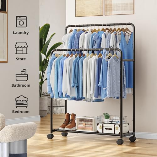 Simple Trending Clothing Clothes Rack, Double Rod Garment Rack, Black | Portable Closet with Bottom Shelf, Anti-Slip Stoppers, 360° Lockable Wheels, Multiple Uses, Bedroom, Laundry Room - color: Black