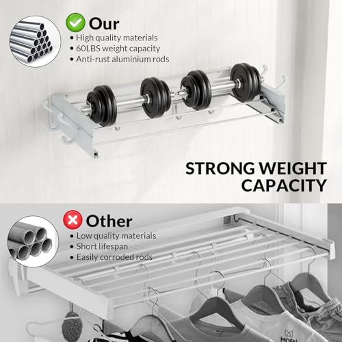 BAKON Wall Mounted Foldable Clothes Drying Rack - Indoor Outdoor Laundry Drying Rack with 4 Hooks & 4 Poles, Space Saving Concealed Design for Storage (23.6"【Upgrade】) - size: 23.6'' with 4 Hooks