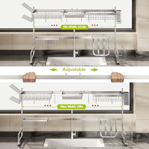 Over The Sink Dish Drying Rack with Cup and Utensil Holder | 2 Tier Stainless Steel,Expandable,Rust Proof Metal,Space Saving,Big Capacity Plate Drainer Above Kitchen Counter,Silver - color: Silver, style: Over Sink 2 Tier