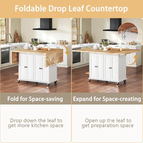 62.8 INCH Rolling Kitchen Island Cart with Double Drop Leaf, Small Mobile Kitchen Cart on Wheels, Folding Kitchen Island with Large Tbletop, Adjustable Shelves for Dining Room - color: White