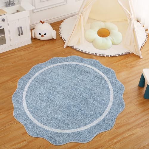 GarveeHome Scalloped Washable Round Rugs Non-Slip Soft Round Rug 4ft, Blue | Ultra-Thin Small Boho Circle Stain Resistant Low Pile Carpet for Entryway Kitchen Bedroom Nursery Bathroom - color: Blue, size: 4' (Round)