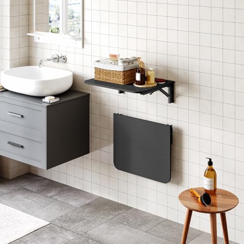 HOOBRO Folding Table, Wall Mounted Floating Desk with Iron Bracket, Drop Leaf Table for Small Spaces, Kitchen, Laundry Room, Home, Office, Black BK054BZ01 - color: Black