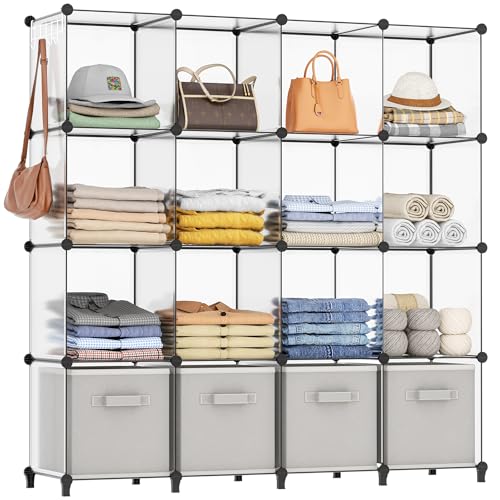 HOMIDEC Closet Organizers and Storage, 16 Cube Storage Organizer | Closet Organizer Bookshelf Cubes Shelves for Clothes, Bedroom, Kids Room, Bathroom, Wardrobe, Garment Racks, Transparent - color: Transparent, size: X-Large