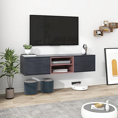 YardGo Floating TV Stand for TVs up to 65", Wall Mounted TV Cabinet with 2 Magnetic Doors & 2 Adjustable Shelves, 53'' Modern Entertainment Center Media Console for Living Room, Bedroom, Black