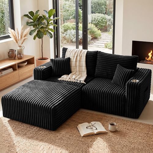 67'' L-Shaped Cloud Modular Sectional Sofa, Modern Corduroy Memory Foam Couch with Cup Holders, Upholstered Boneless Deep Seat Fluffy Loveseat with Ottoman, No Assembly Needed, for Home, Black - color: Black, size: 67'' L-shaped