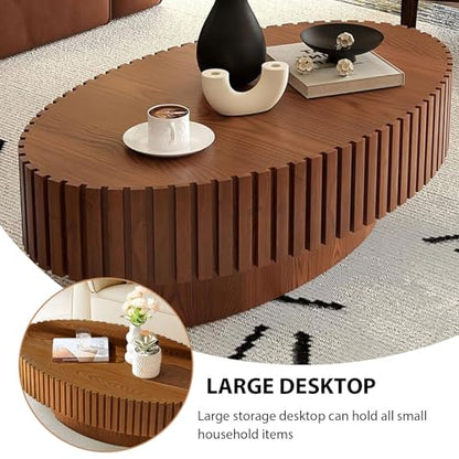 Oval Fluted Drum Coffee Table with Pedestal Base | 43.3'' Modern Wooden Drum Center Table, Handcrafted Solid Wood Fluted Edge, For Living Room & Apartment - color: Oval Wood
