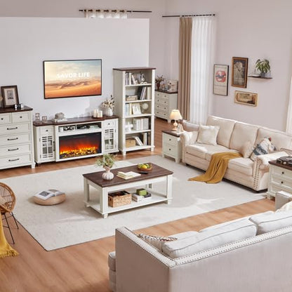 Farmhouse Coffee Table Set of 3, White | Rustic Wood 3 Piece Coffee and End Table Sets with Open Shelf for Living Room - color: White