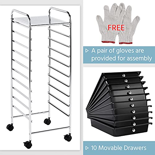 Yaheetech 10-Drawer Rolling Storage Cart with Wheels, Slim Organizer, Black | Ten see-through drawers plus a top shelf organize craft, office, and art gear; slim steel frame, locking wheels, easy setup. - color: Black, style: 10 Drawers
