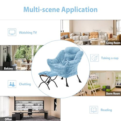 Youtanic Lazy Chair with Folding Ottoman, Accent Chair Plush Upholstered with Metal Structure and Non-Slip Pads, Sofa Armchair with Footrest and Side Storage Bag for Dorm, Room, Office, Blue - color: Plush Blue