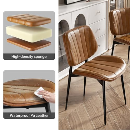 Dining Chairs Set of 4, Mid Century Modern Dining Room Chairs, Upholstered Faux Leather Kitchen Chairs with Walnut Bentwood Back and Metal Legs, Brown - color: Brown, size: Set of 4
