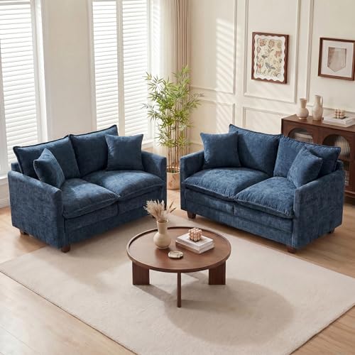 Loveseat Sofa Couch 2 Piece Set, Small Compact 50" Love Seat 27" Deep Cloud Sofa Set Washable Chenille Pillow Living Room Set for Apartment Office 50-Blue-2+2 - color: Blue, size: 50"+50"