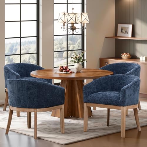 Modern Upholstered Barrel Dining Chair Set of 4, Natural Hardwood Frame, Farmhouse Linen Chairs for Dining Room, Kitchen(Blue) - color: Blue, size: Set of 4