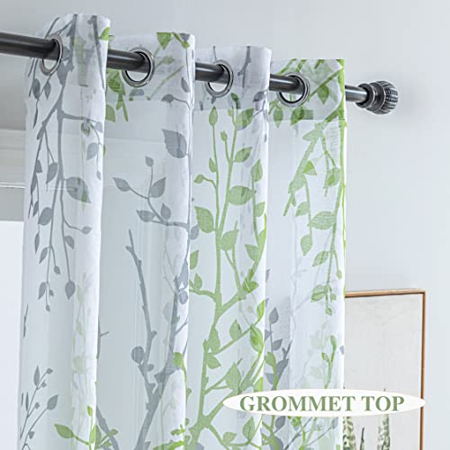 Luvyohmee White Green Curtains 72 Inch Length 2 Panels Set, Semi Sheer Window Curtain Drapes for Living Room/Bedroom, Green Nature Tree Branches Patterned Linen Textured Curtains, Grommet Top W52XL72 - color: Sage Green, size: 52"W x 72"L (Pack of 2)