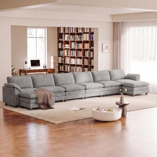 Homall 232" Oversized U Shaped Cloud Couch, Modular Sectional Sofa | 2 Movable Ottoman, Comfy Chenille, Double Layer Cushions, 6 Deep Seat, High-Density Foam, Easy Assembly, Light Grey - color: Light Grey, size: Oversized Sofa
