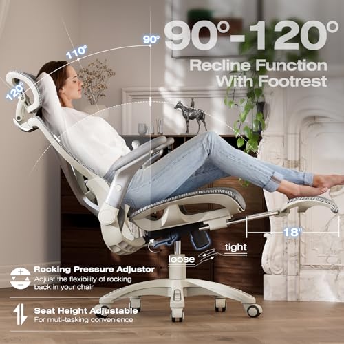 X100 Ergonomic Mesh Office Chair with Footrest, Big and Tall Home Desk Chair with 5D Flip-Up Arms, Adjustable 3D Lumbar Support, Gaming & Executive Computer Chair (First Light) - color: First Light