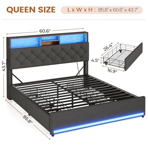 Queen Bed Frame with 4 Drawers, Storage Headboard, Lights, Dark Grey | LED Bed Frame Queen Size with Charging Station, 5 Shelves, Upholstered Bed with Metal Slats, No Box Spring Needed - color: Dark Grey-linen Fabric, size: Queen