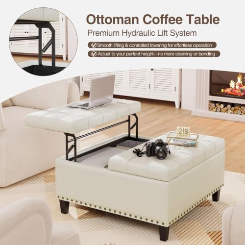 FiveWillowise 31.5 Inch Large Square Ottoman with Storage,Faux Leather | Coffee Table Storage Ottoman Bench with Lift Top Upholstered Footrest Stool Toy Box for Bedroom Living Room,Yellow White - color: Yellow White