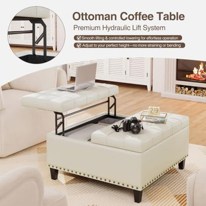 FiveWillowise 31.5 Inch Large Square Ottoman with Storage,Faux Leather | Coffee Table Storage Ottoman Bench with Lift Top Upholstered Footrest Stool Toy Box for Bedroom Living Room,Yellow White - color: Yellow White