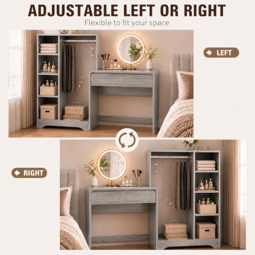 Vanity Desk, Makeup Vanity Desk with Drawers and Hanging Rack | 4 Tier Shelves, Modern Makeup Vanity Table with Curved Profile Design, Makeup Dressing Desk for Bedroom, Grey - color: Grey, size: 15.7"D x 70"W x 47"H