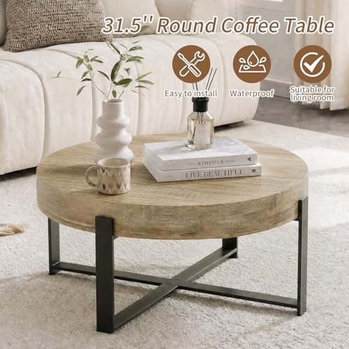 Round Coffee Table, Small Wood Coffee Table with Metal Frame, Modern Rustic Distressed Wood Grain Circle Tables Accent Center Tables for Living Room Apartment Small Space (31.5''D-Retro Natural) - color: X Retro Natural