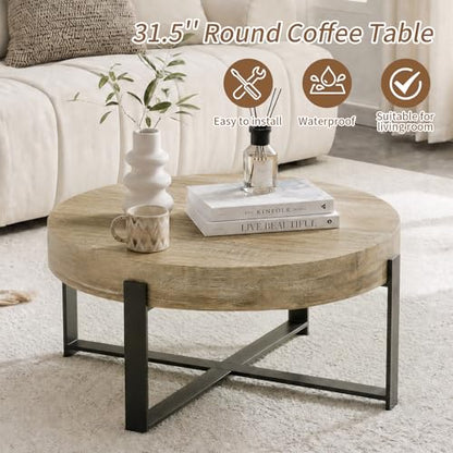 Round Coffee Table, Small Wood Coffee Table with Metal Frame, Modern Rustic Distressed Wood Grain Circle Tables Accent Center Tables for Living Room Apartment Small Space (31.5''D-Retro Natural) - color: X Retro Natural