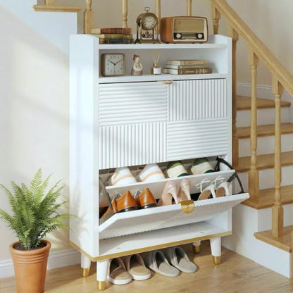 Shoe Storage Cabinet with 2 Flip Drawers & Open Shelves | Fluted Panel, Hidden Storage, Modern, Freestanding, Wooden, Narrow Shoe Cabinet for Entryway Small Room Apartment, White