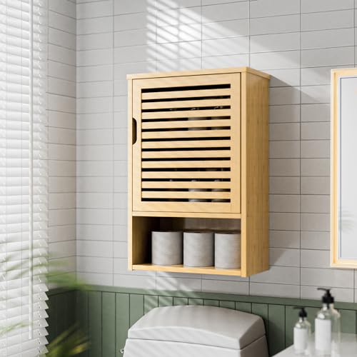 HITNET Bathroom Wall Cabinet, Medicine Cabinet Over the Toilet, Bamboo Hanging Storage Organizer with Single Door and Open Bottom Shelf, for Kitchen Living Room, Natural - color: Natural