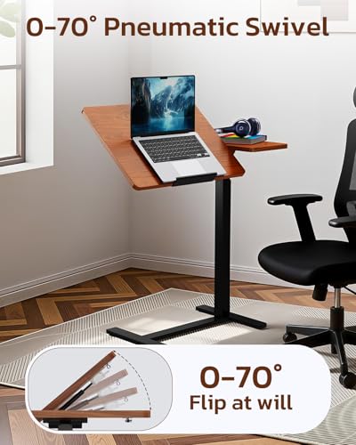 Simple Deluxe Standing Rolling Desk with Hidden Casters, Height Adjustable Pneumatic Mobile Laptop Desk, Tilting Bedside Table for Laptop, Overbed Bedside Table Hospital Home Use, Brown - color: Brown, style: Tiltable