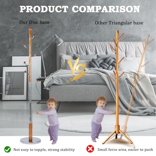Coat Racks FreeStanding with 11 Hooks, Natural Wood Coat Rack with Solid Round Base, Adjustable Height Coat Racks, Easy Assembly for Hallway, Bedroom and Office (Solid Wood Metal Hook) - color: Solid Wood Metal Hook