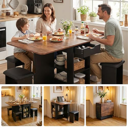 Mondeer 55" Folding Dining Table and Chairs Set 4, Cushioned Stools | 2 Drawers, Storage Shelves, Space Saving Table and Chairs for Kitchen Dining Room Small Spaces, Rustic Brown and Black - color: Rustic Brown and Black