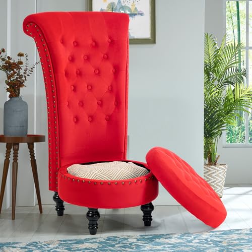 AVAWING High Back Velvet Tufted Throne Chairs with Storage Set of 2, Red | Tufted Nailhead Design; Hidden Storage; Soft Velvet; Sturdy Wood Legs 330Lbs; High Density Foam; Ergonomic Back - color: Red