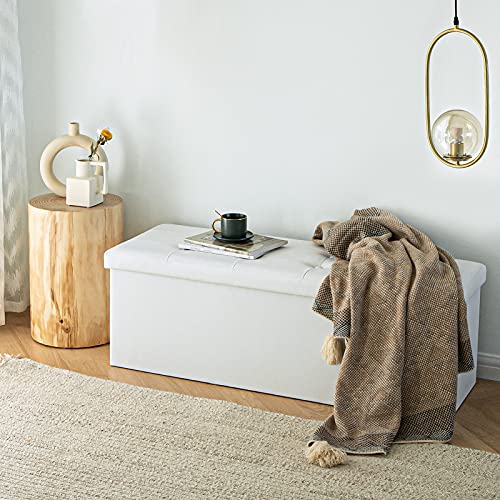 Camabel 43 Inch Folding Storage Ottoman Bench 120L Hold up 700lbs Ottoman with Storage Chest Foam Seat Padded Foot Rest Stool Faux Leather Bedroom Bench Coffee Table White - color: White