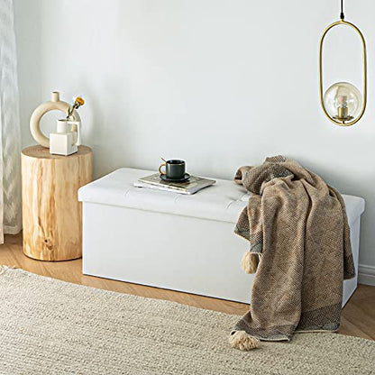 Camabel 43 Inch Folding Storage Ottoman Bench 120L Hold up 700lbs Ottoman with Storage Chest Foam Seat Padded Foot Rest Stool Faux Leather Bedroom Bench Coffee Table White - color: White